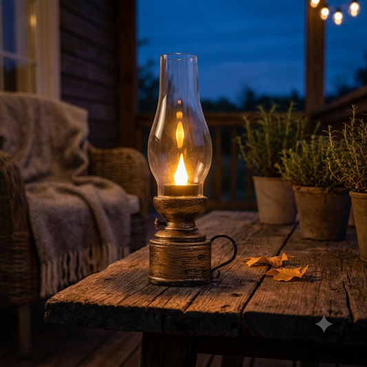 LED Vintage Kerosene Lamp (Flameless) - Battery-Operated Swinging Flame Lantern, Rustic Decor for Patio, Porch & Mantel