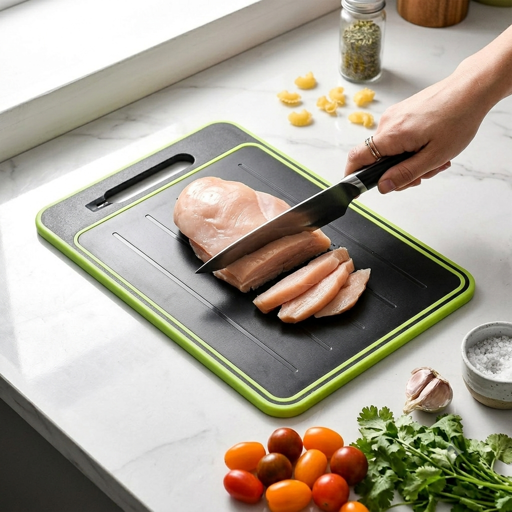 4-in-1 Cutting Board & Thawing Tray with Built-In Knife Sharpener - Aluminum Fast-Thaw Kitchen Prep Board