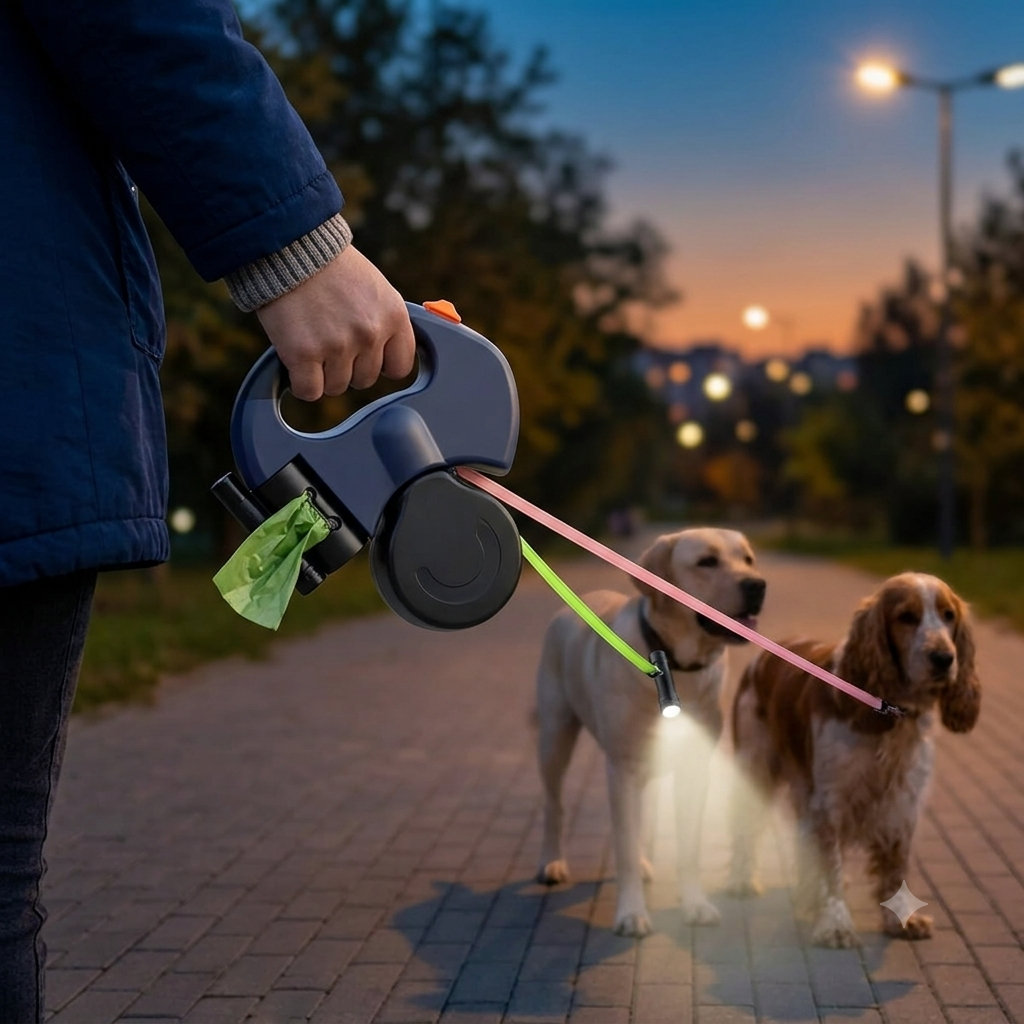 Dual Retractable Dog Leash with Flashlight - No-Tangle 2-Dog Leash with Waste Bag Holder & Reflective Stitching