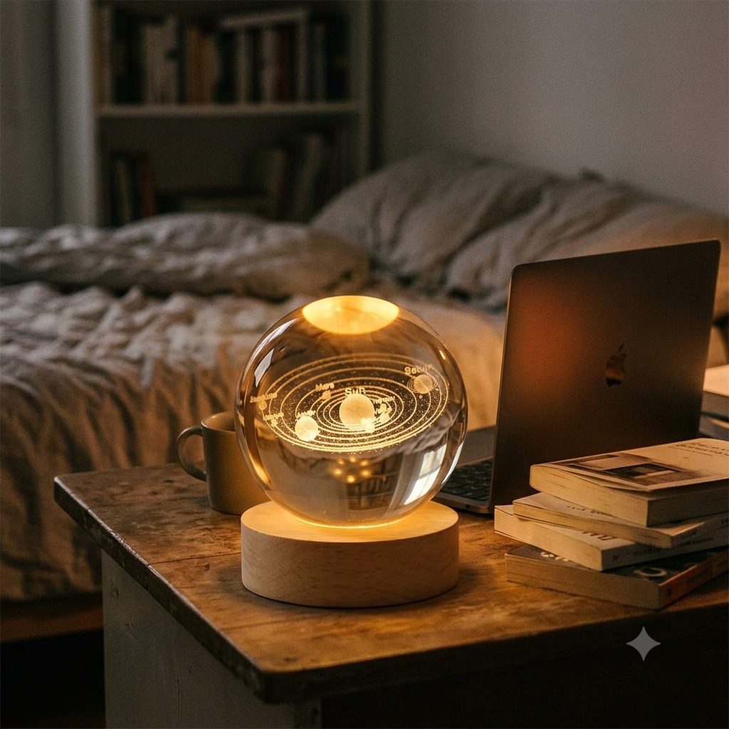 3D Engraved Sphere Lamp with LED Base - Moon, Galaxy & Solar System Night Light, Touch Control Ambient Lamp for Bedroom, Desk & Shelf