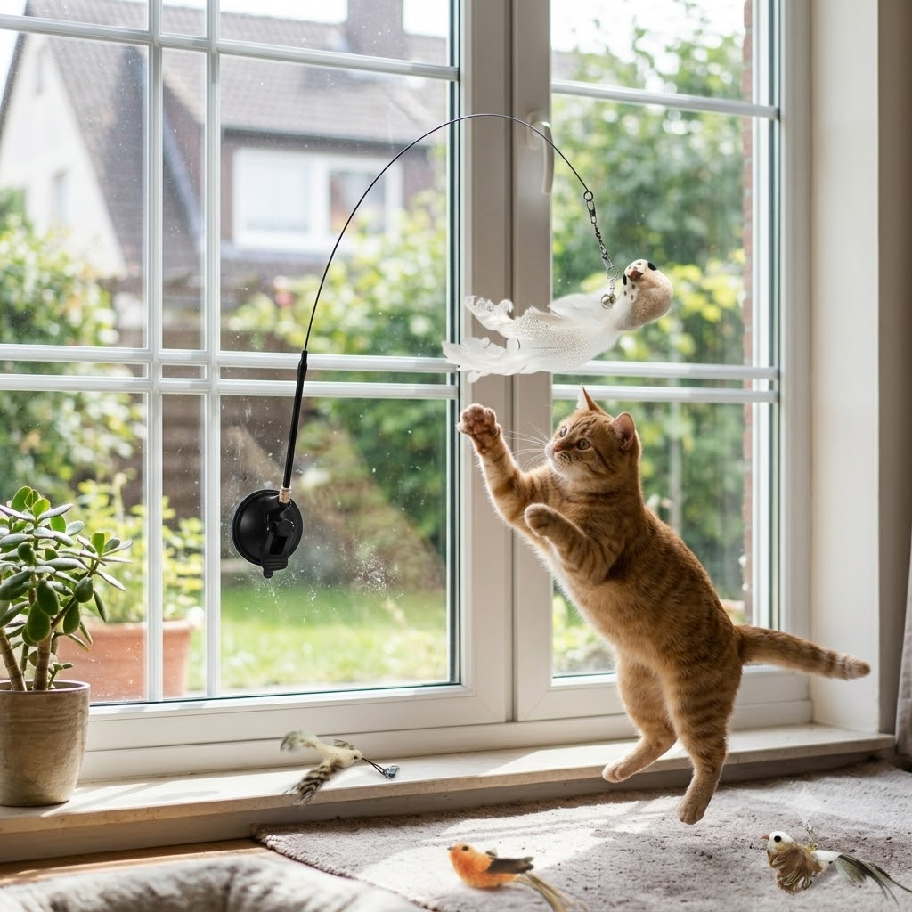 Interactive Feather Bird Toy Set for Cats – Suction Cup Window Base