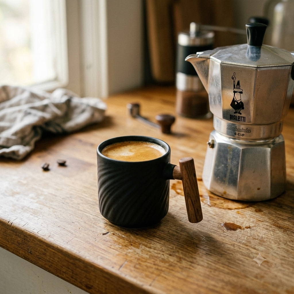 Vintage Ceramic Espresso Cups with Wooden Handle - 80ml Coffee Cups, Dishwasher Safe