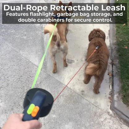 Dual Retractable Dog Leash with Flashlight - No-Tangle 2-Dog Leash with Waste Bag Holder & Reflective Stitching
