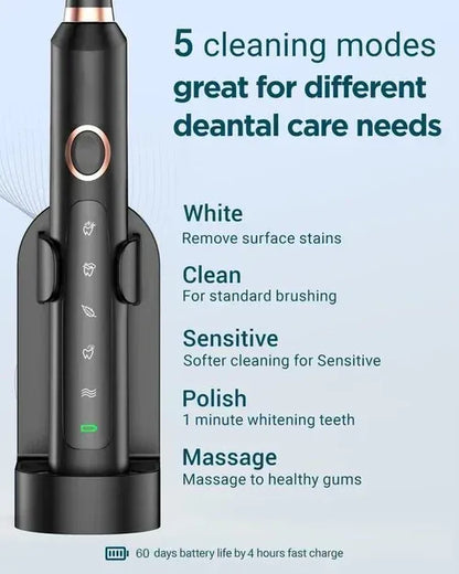Rechargeable Ultrasonic Electric Toothbrush - Sonic Whitening Brush for Adults